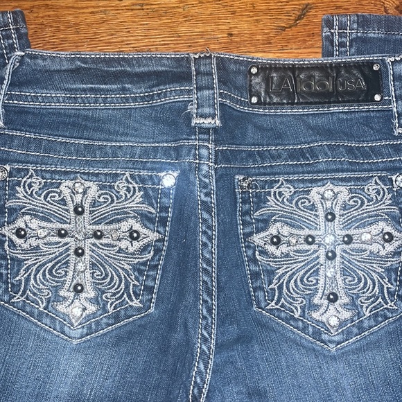 LA Idol embellished with Crosses large stitch Size 0 waist 28 length 18 - Picture 3 of 4
